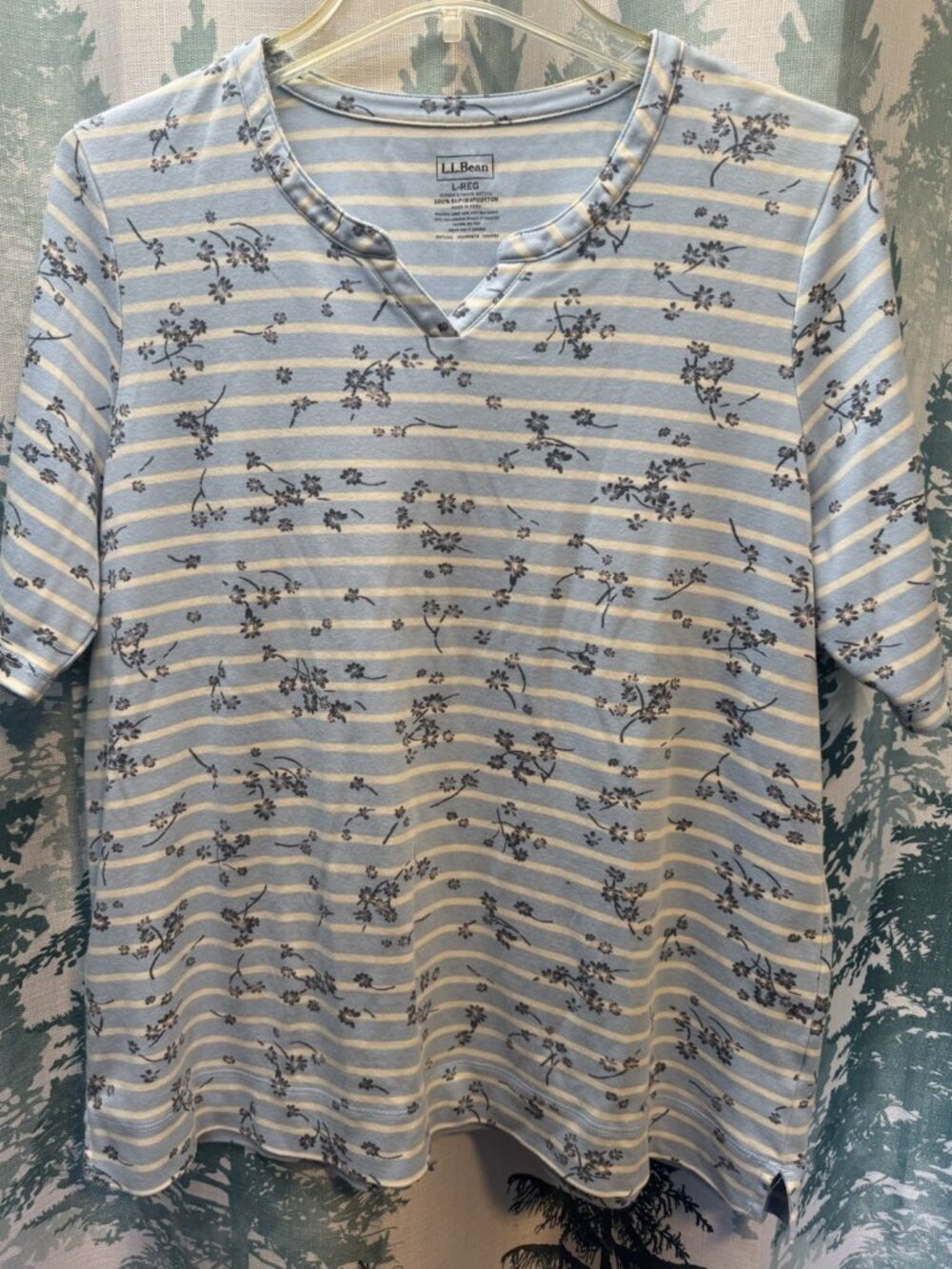 LL Bean Womens T-Shirt Size Large Blue Stripes Floral 100% Supima Cotton Summer